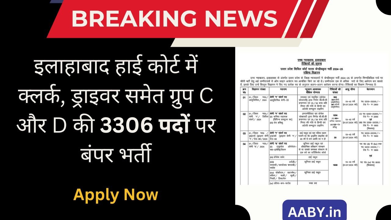 Allahabad High Court Group D Bharti 2024: इलाहाबाद हाई कोर्ट में क्लर्क, ड्राइवर समेत ग्रुप C और D की 3306 पदों पर बंपर भर्तियां, इस तारीख से भरें फॉर्म